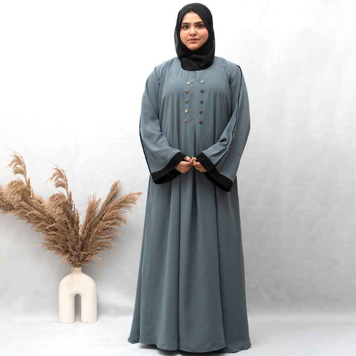 A-line Simple Button Abaya in Grey Color With Hijab (009)