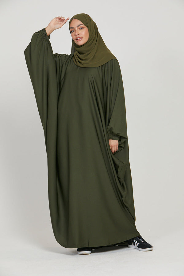 Classic Baggy Abaya Army Green with elastic Sleeves, Hijab Firdous