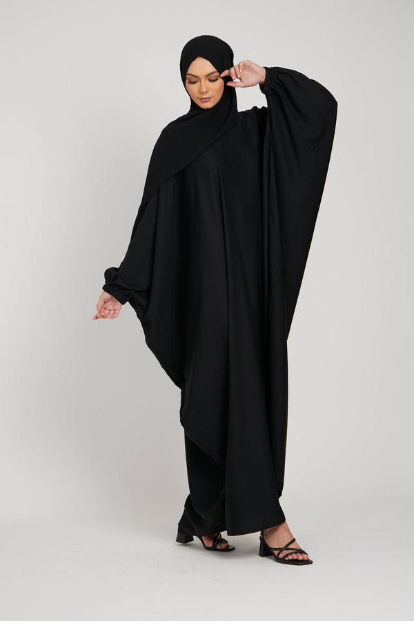 Classic Baggy Abaya Black with elastic Sleeves, Hijab Firdous