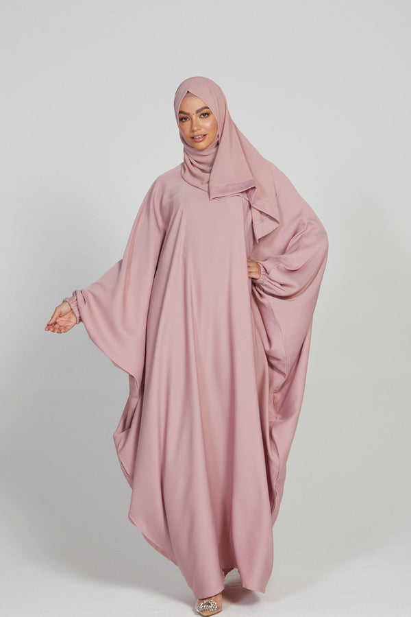 Classic Baggy Abaya Baby Pink with elastic Sleeves, Hijab Firdous