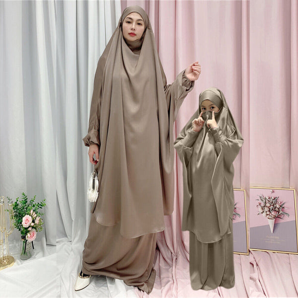 Mother and Daughter Matching Knee Length Jilbab Abaya with Skirt Dark Beige with Noise PC