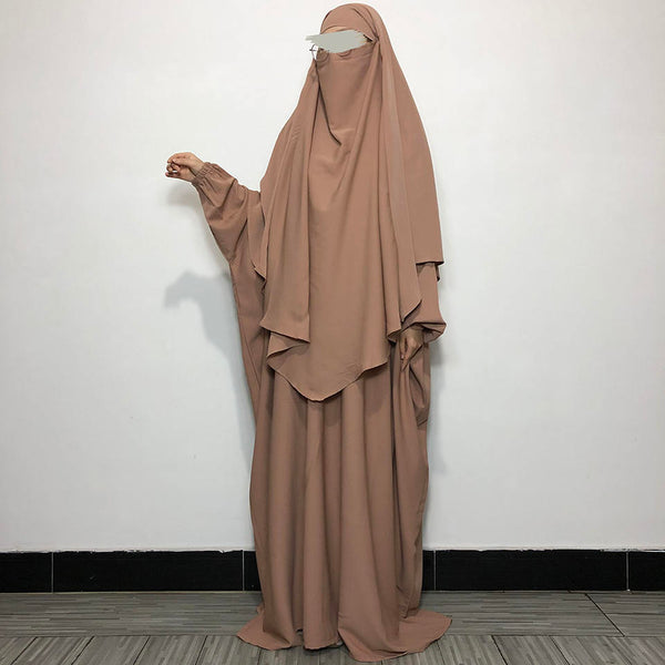 Matching Abaya and Khimar Baggy Style Abaya and Single Layer Khimar Dark Beige or Choco Milk color with Lastic Sleeves Firdous Material | Jilbab, Khimar, Matching Abaya
