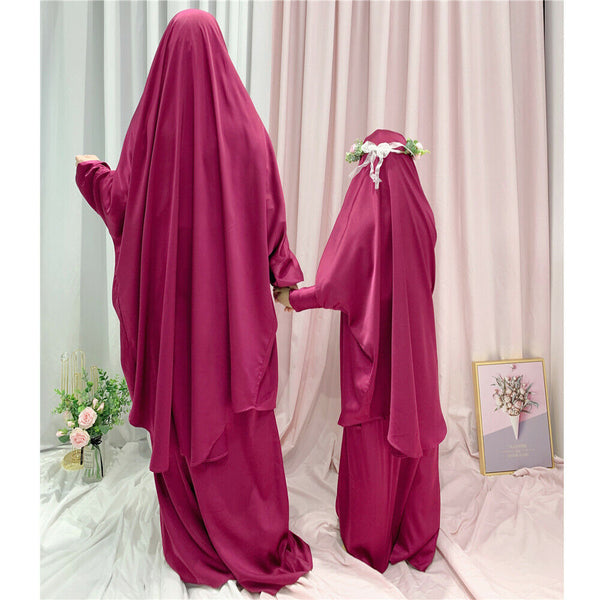 Mother and Daughter Matching Knee Length Jilbab Abaya with Skirt Maroon with Noise PC