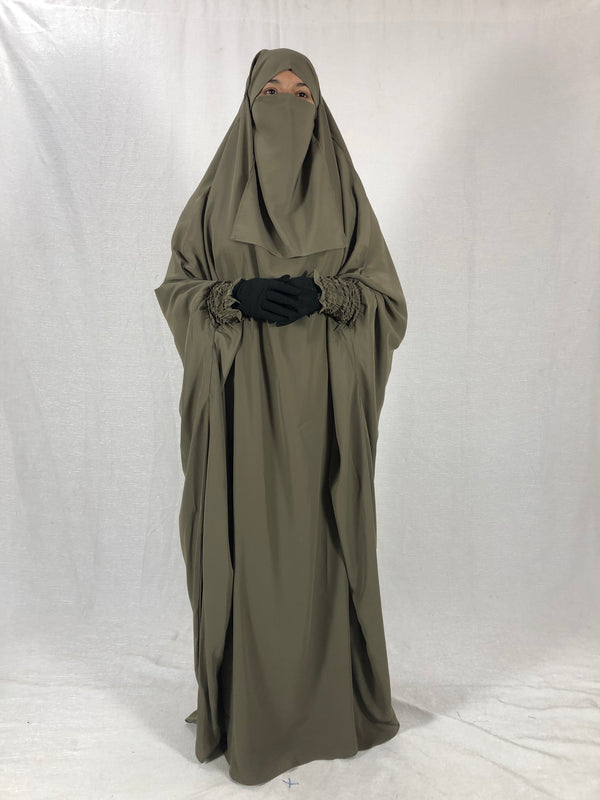 Premium One Piece Full Length Jilbab Khimar Fawn with Noise Piece