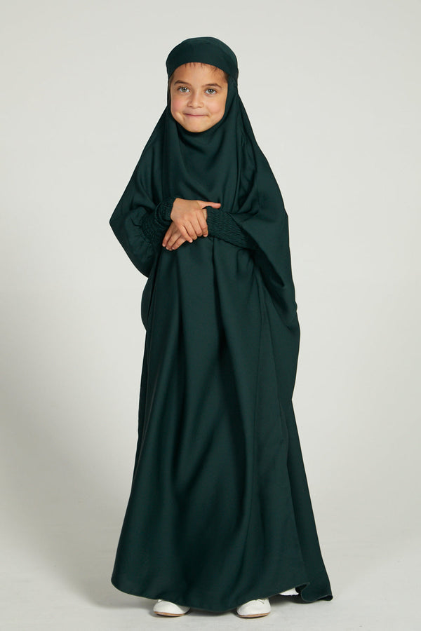 Kids Full Length Jilbab Abaya or Burqa Bottle Green Crepe with Noise Peice