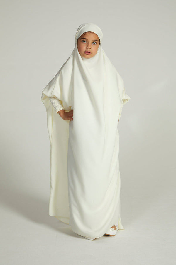 Kids Full Length Jilbab Abaya or Burqa White Crepe with Noise Peice