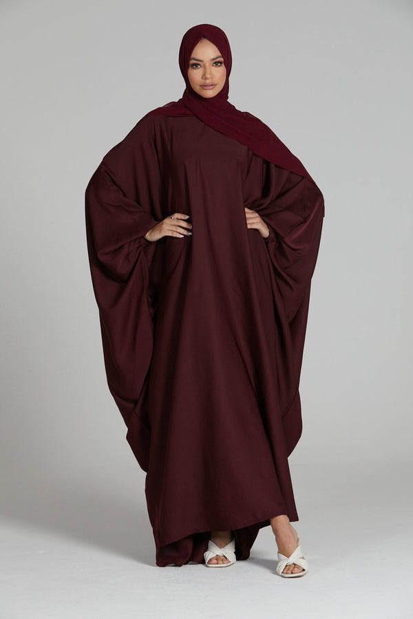 Classic Baggy Abaya Maroon with elastic Sleeves, Hijab Firdous