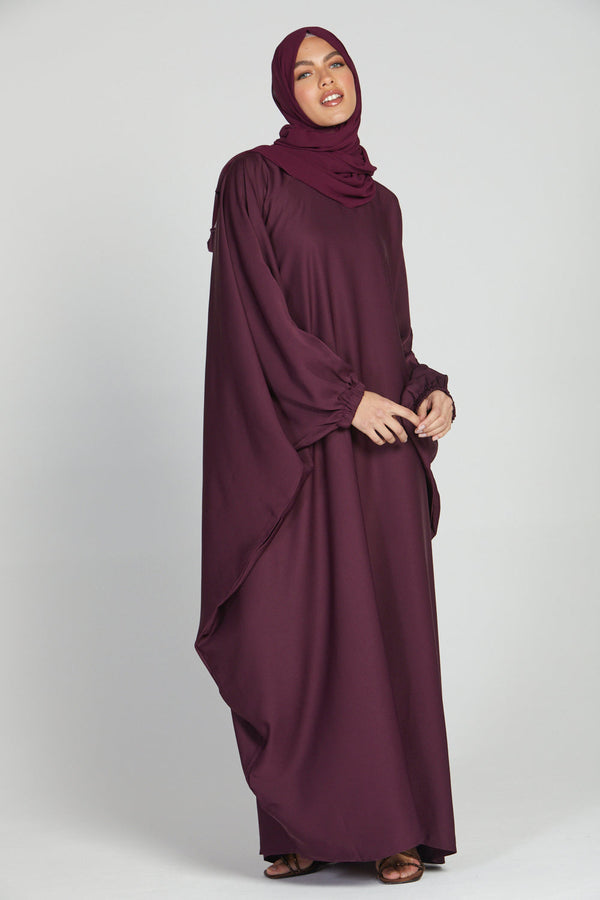 Classic Baggy Abaya Wine Red with elastic Sleeves, Hijab Firdous