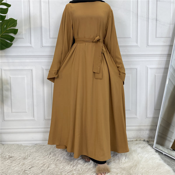 Plain Abaya with Belt and Large Sleeve Dark Dark Beige Color with Dupatta in Firdous Material
