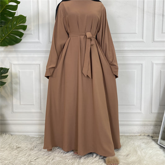Plan Abaya with Belt and Large Sleeves Light Brown Color with Dupatta in Firdous Material
