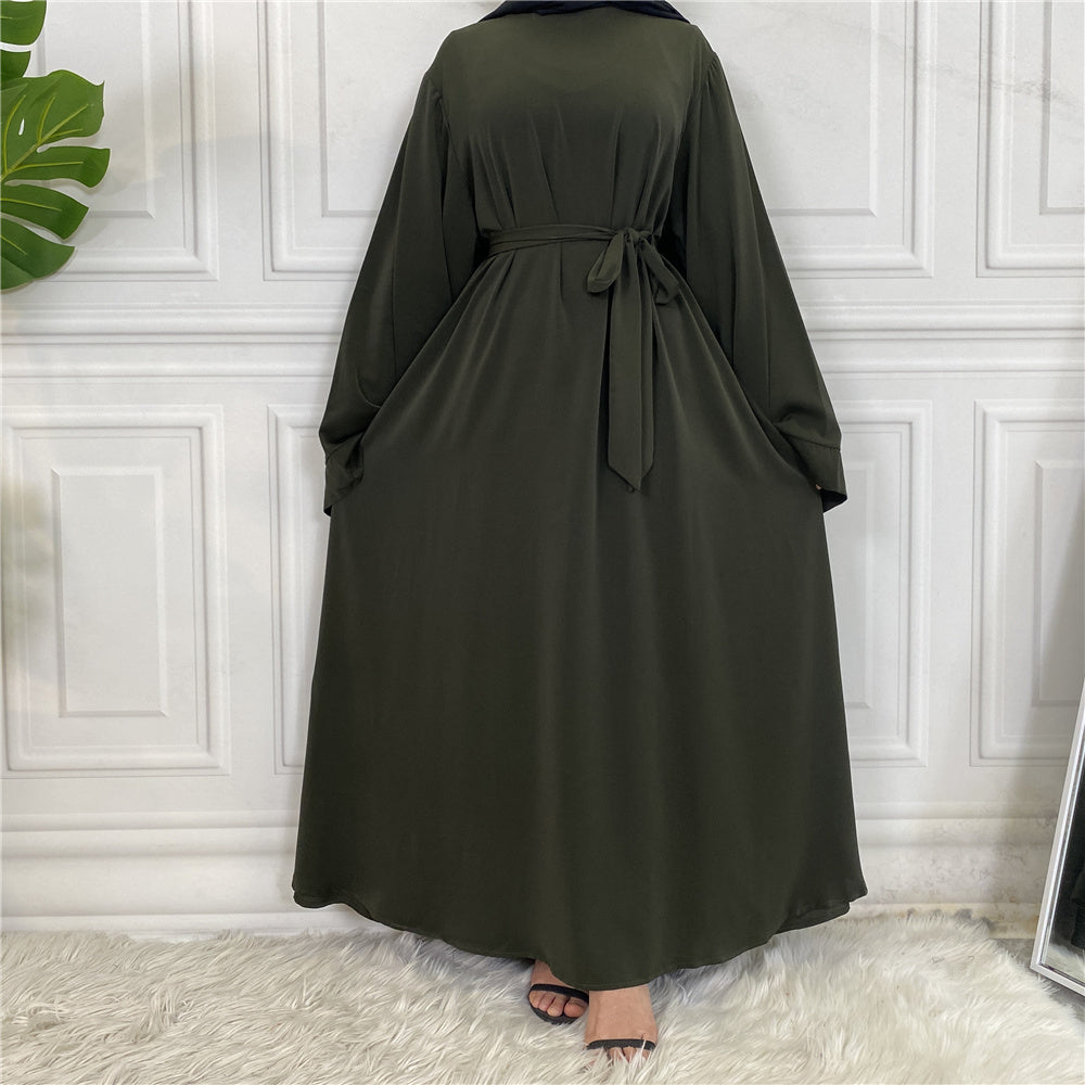 Plan Abaya with Belt and Large Sleeves Mehandi / Green Color with Dupatta in Firdous Material