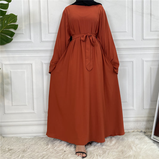 Plan Abaya with Belt and Large Sleeves Rusty Brown Color with Dupatta in Firdous Material