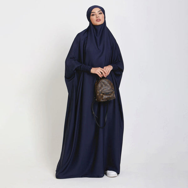Luxury One Piece Full Length Jilbab Khimar Style with Chunnat Slevees/Dolman Sleeves Navy Blue Color| Tie Back Burkha Jilbab Khimar Style Abaya Hijab Niqab Islamic Modest Wear