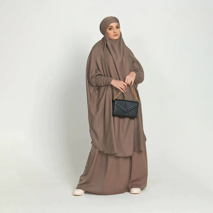 Luxury Two Piece Knee Length Jilbab Khimar Style Abaya and Skirt with Chunnat Slevees/Dolman Sleeves Beige Color| Tie Back Burkha Jilbab Khimar Style Abaya Hijab Niqab Islamic Modest Wear