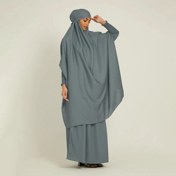 Luxury Two Piece Knee Length Jilbab Khimar Style Abaya and Skirt with Chunnat Slevees/Dolman Sleeves Grey Color| Tie Back Burkha Jilbab Khimar Style Abaya Hijab Niqab Islamic Modest Wear