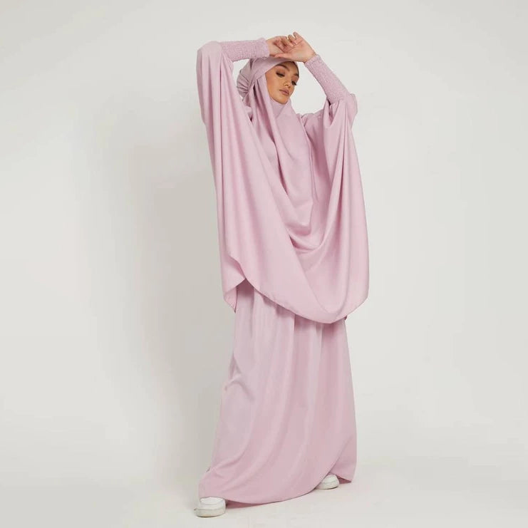 Luxury Two Piece Knee Length Jilbab Khimar Style Abaya and Skirt with Chunnat Slevees/Dolman Sleeves Light Pink Color| Tie Back Burkha Jilbab Khimar Style Abaya Hijab Niqab Islamic Modest Wear