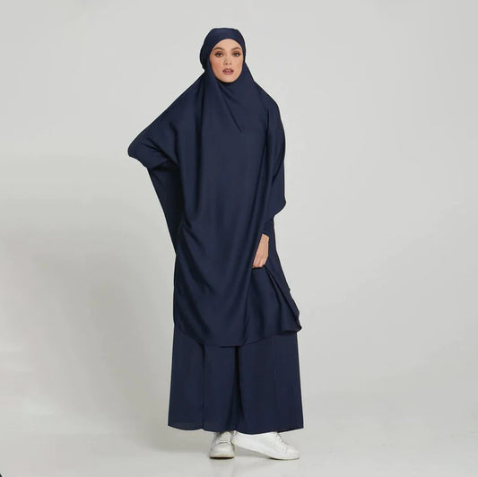 Luxury Two Piece Knee Length Jilbab Khimar Style Abaya and Skirt with Chunnat Slevees/Dolman Sleeves Navy Blue Color| Tie Back Burkha Jilbab Khimar Style Abaya Hijab Niqab Islamic Modest Wear