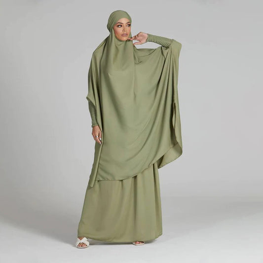 Luxury Two Piece Knee Length Jilbab Khimar Style Abaya and Skirt with Chunnat Slevees/Dolman Sleeves Olive Green Color| Tie Back Burkha Jilbab Khimar Style Abaya Hijab Niqab Islamic Modest Wear