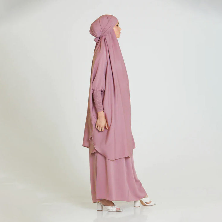 Luxury Two Piece Knee Length Jilbab Khimar Style Abaya and Skirt with Chunnat Slevees/Dolman Sleeves Pink Color| Tie Back Burkha Jilbab Khimar Style Abaya Hijab Niqab Islamic Modest Wear
