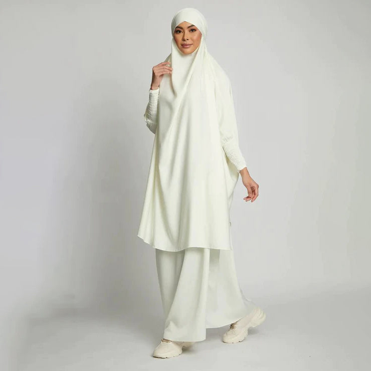 Luxury Two Piece Knee Length Jilbab Khimar Style Abaya and Skirt with Chunnat Slevees/Dolman Sleeves White Color| Tie Back Burkha Jilbab Khimar Style Abaya Hijab Niqab Islamic Modest Wear