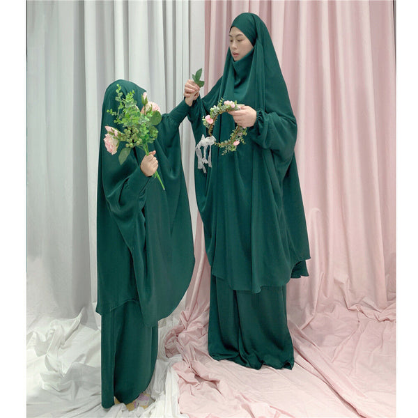 Mother and Daughter Matching Knee Length Jilbab Abaya with Dark Green with Noise PC