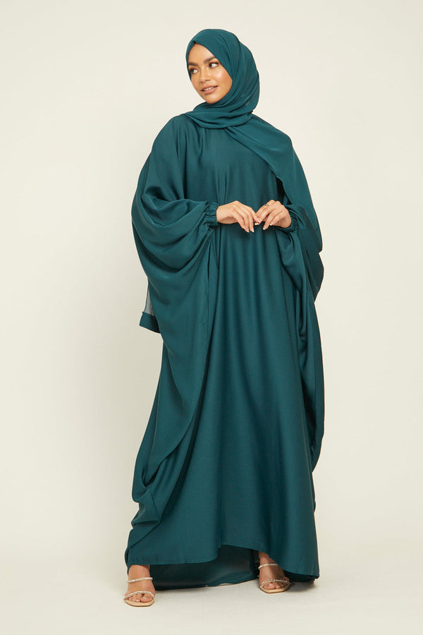 Classic Baggy Abaya Teal Green with elastic Sleeves, Hijab Firdous