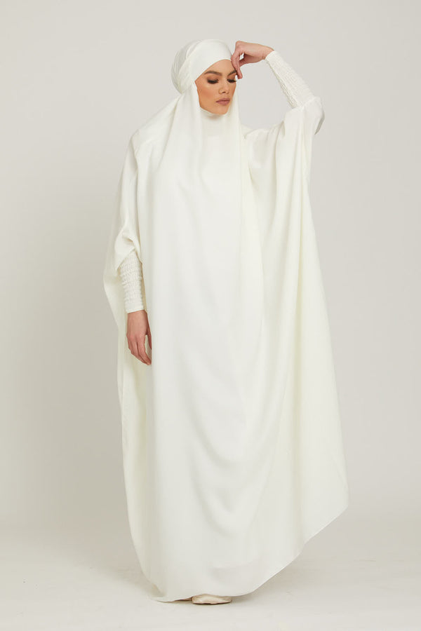 Luxury One Piece Full Length Jilbab Khimar Chunnat Dolman Sleeves White with Noise Piece