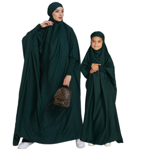 Mother and Daughter Matching Full Length Jilbab Abaya Bottle Green with Noise PC