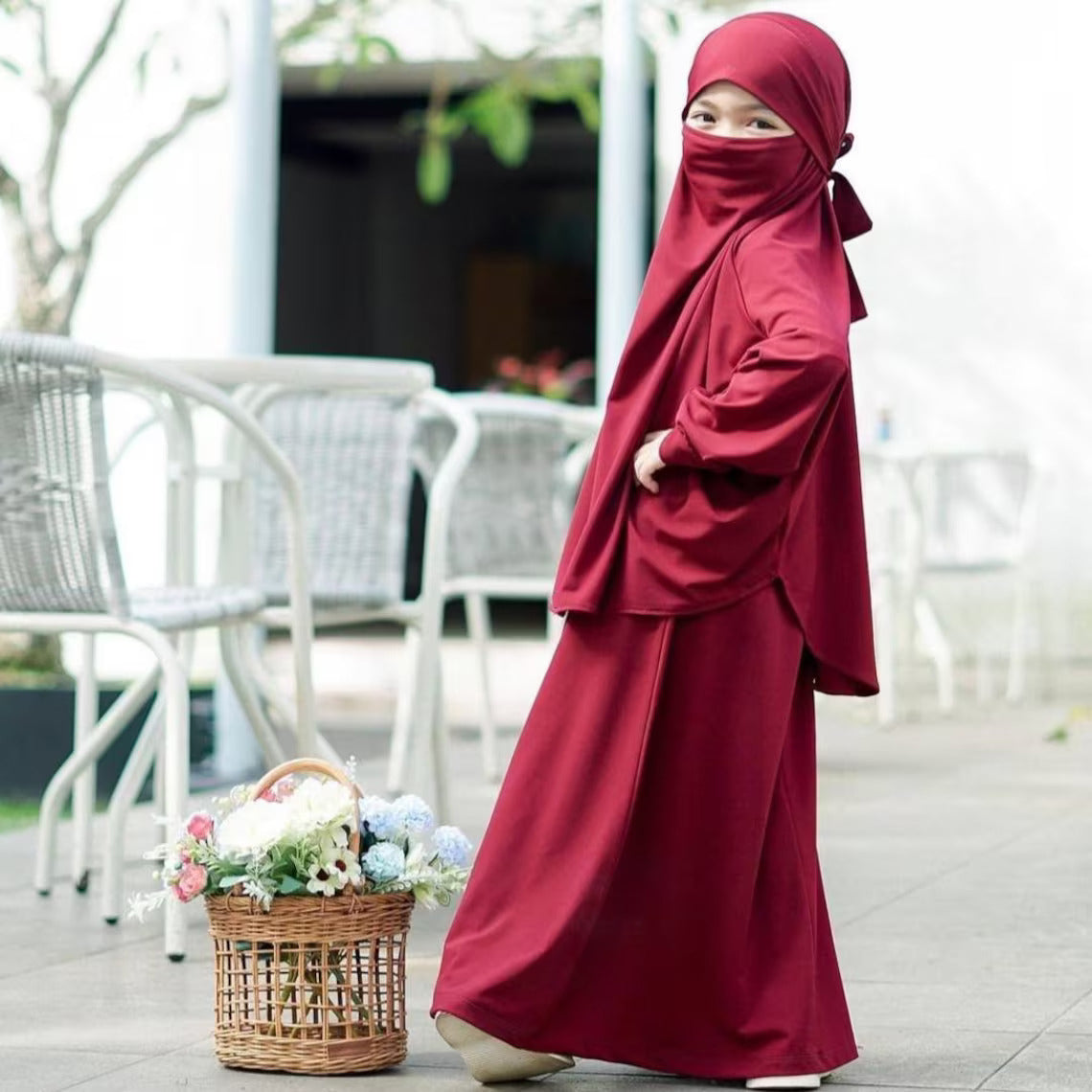 Kids or Children or Girls Jilbab Abaya or Burqa Beautiful Self Design Maroon Crepe Islamic Jilbab Abaya for Kids