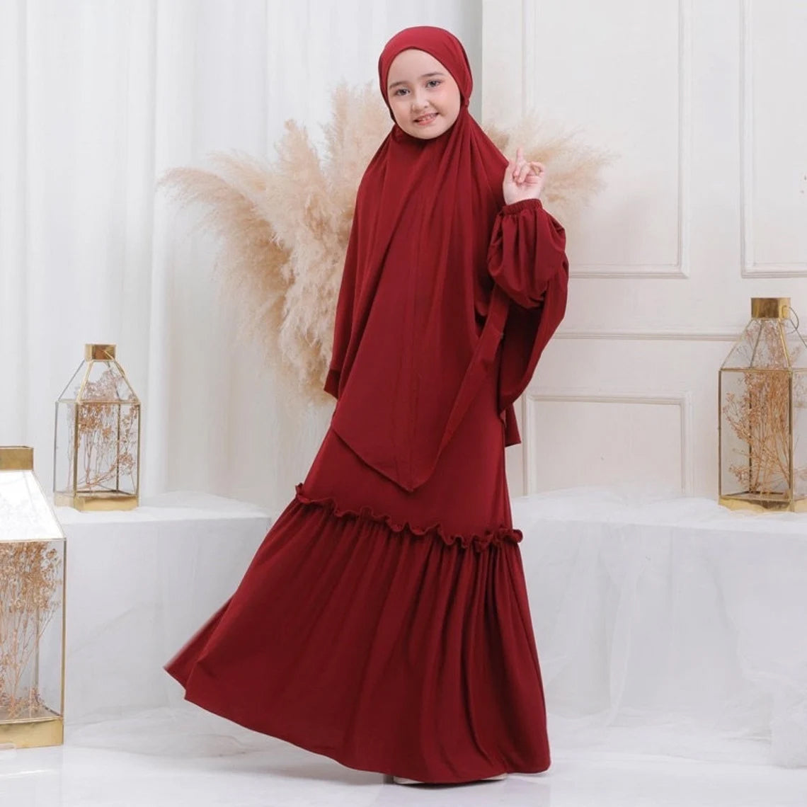 Kids or Children or Girls Abaya or Burqa Beautiful Self Design Maroon Crepe Islamic Abaya for Kids with Khimar