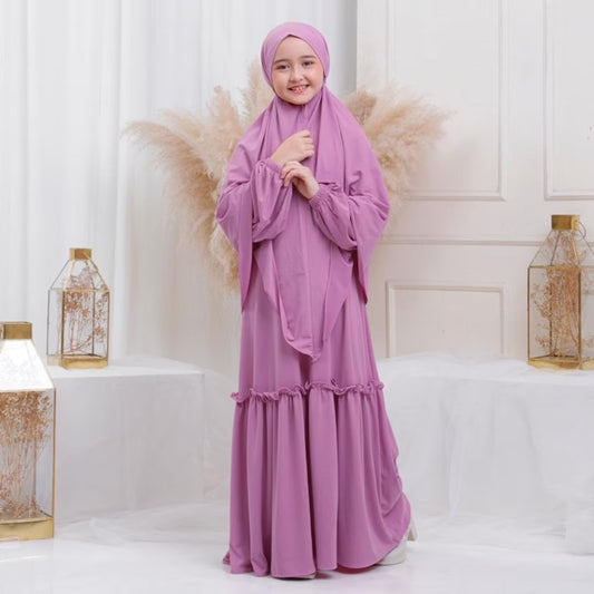 Kids or Children or Girls Abaya or Burqa Beautiful Self Design Purple Crepe Islamic Abaya for Kids with Khimar