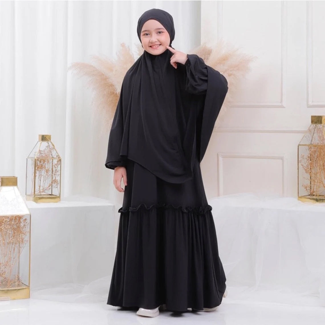 Kids or Children or Girls Abaya or Burqa Beautiful Self Design Black Crepe Islamic Abaya for Kids with Khimar