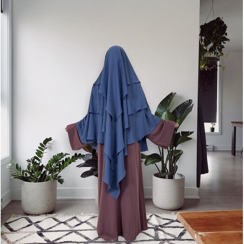 Khimar : 3 Layer Triangular Diamond Instant Khimar-Hijab-Jilbab for Girls & Women in 3 Layer Khimar Blue Color | Tie Back Burkha Jilbab Khimar Style Abaya Hijab Niqab Islamic Modest Wear