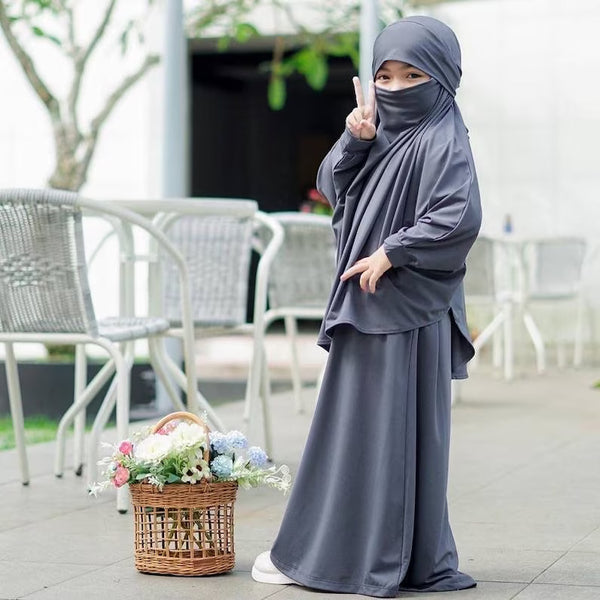 Kids or Children or Girls Jilbab Abaya or Burqa Beautiful Self Design Grey Crepe Islamic Jilbab Abaya for Kids