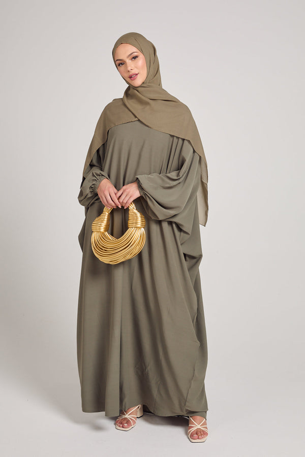 Classic Baggy Abaya khaki with elastic Sleeves, Hijab Firdous