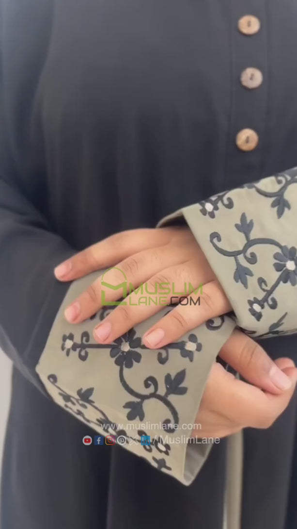 A-line Cuff Embroidery with 10 Button Abaya in Black Color With Hijab