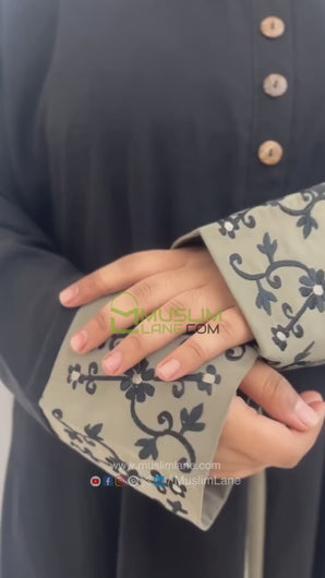 A-line Cuff Embroidery with 10 Button Abaya in Black Color With Hijab
