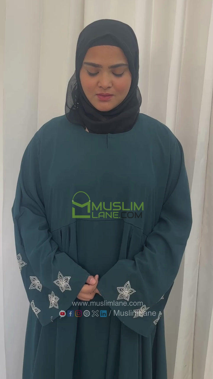 Star Design Sleeves Embroidery Abaya in Ramagreen Color With Hijab