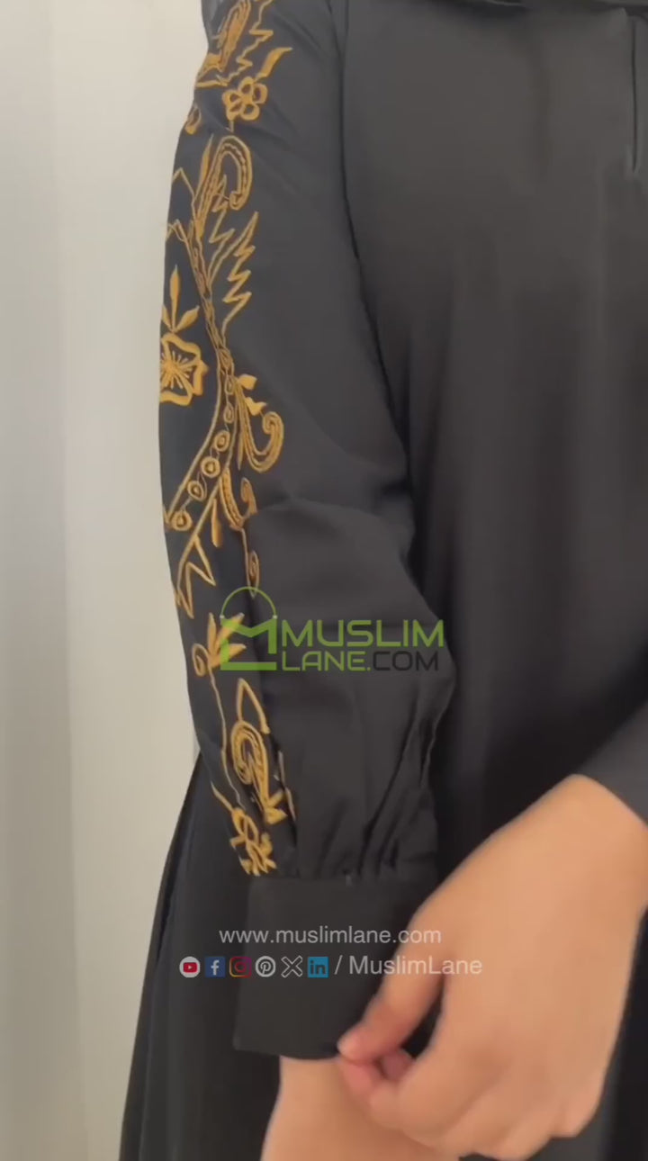 Full Sleeves Golden Embroidery Abaya in Black Color With Hijab