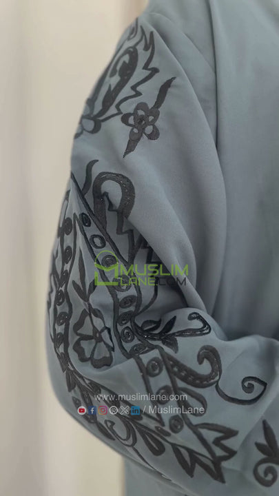 Full Sleeves Black Embroidery Abaya in Grey Color With Hijab