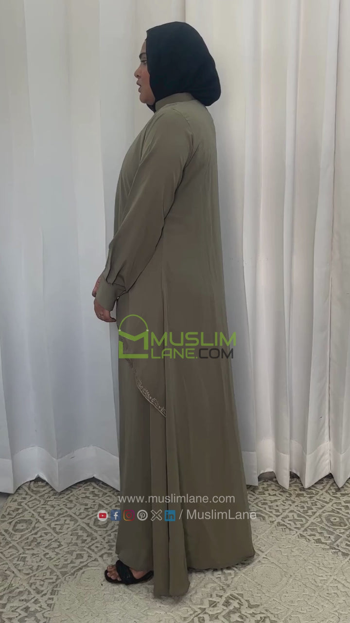 Double Layer Koti Embroidery Abaya in Beige Color With Hijab