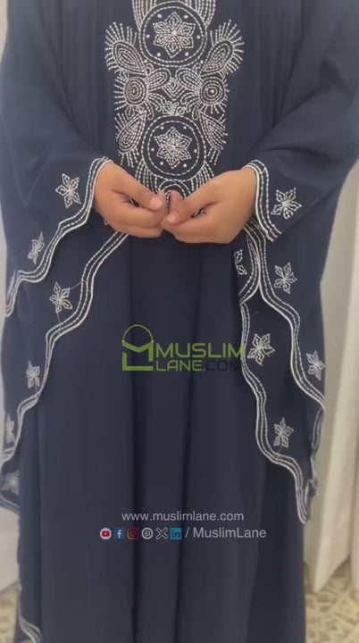 Round Border Embroidery Kaftan Abaya in Blue Color With Hijab