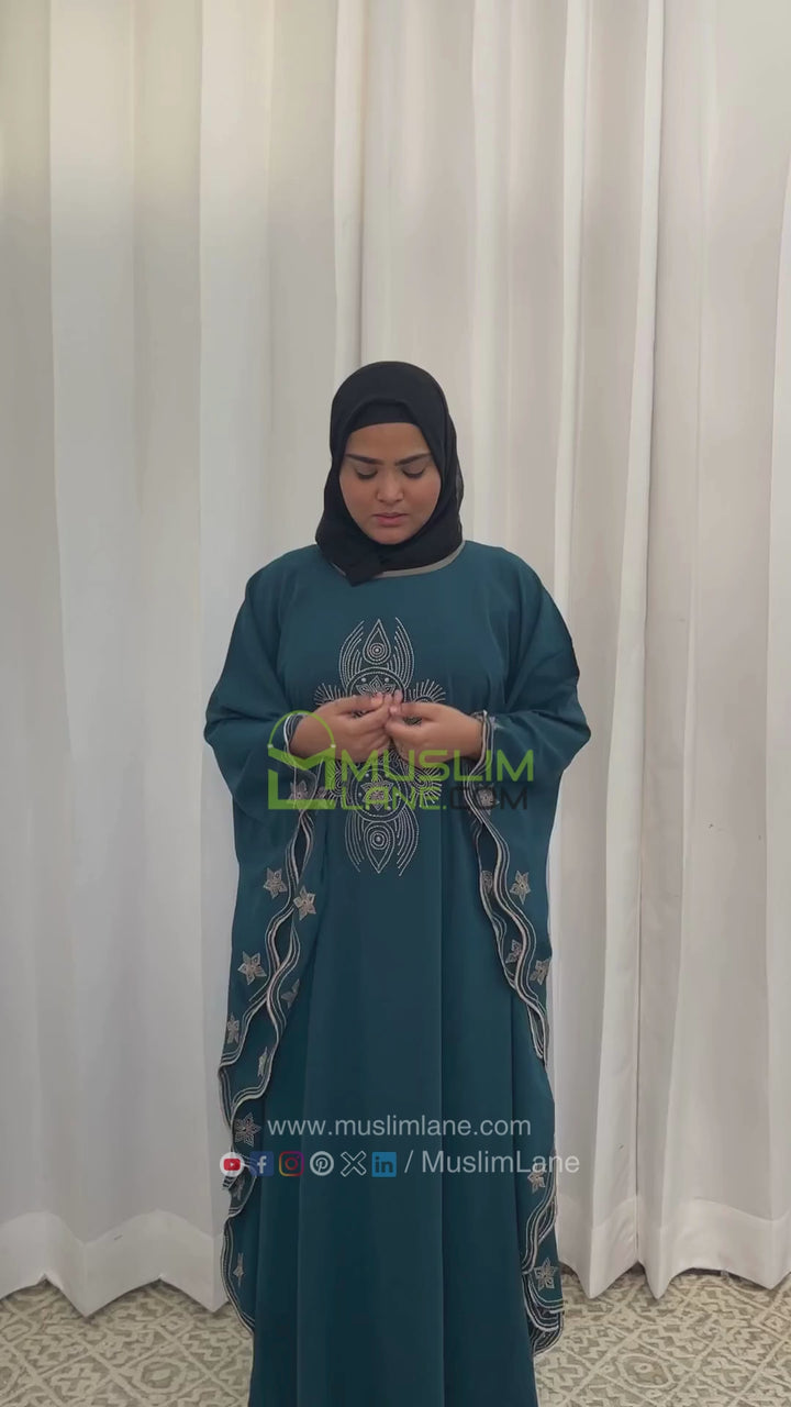 Round Border Embroidery Kaftan Abaya in Ramagreen Color With Hijab