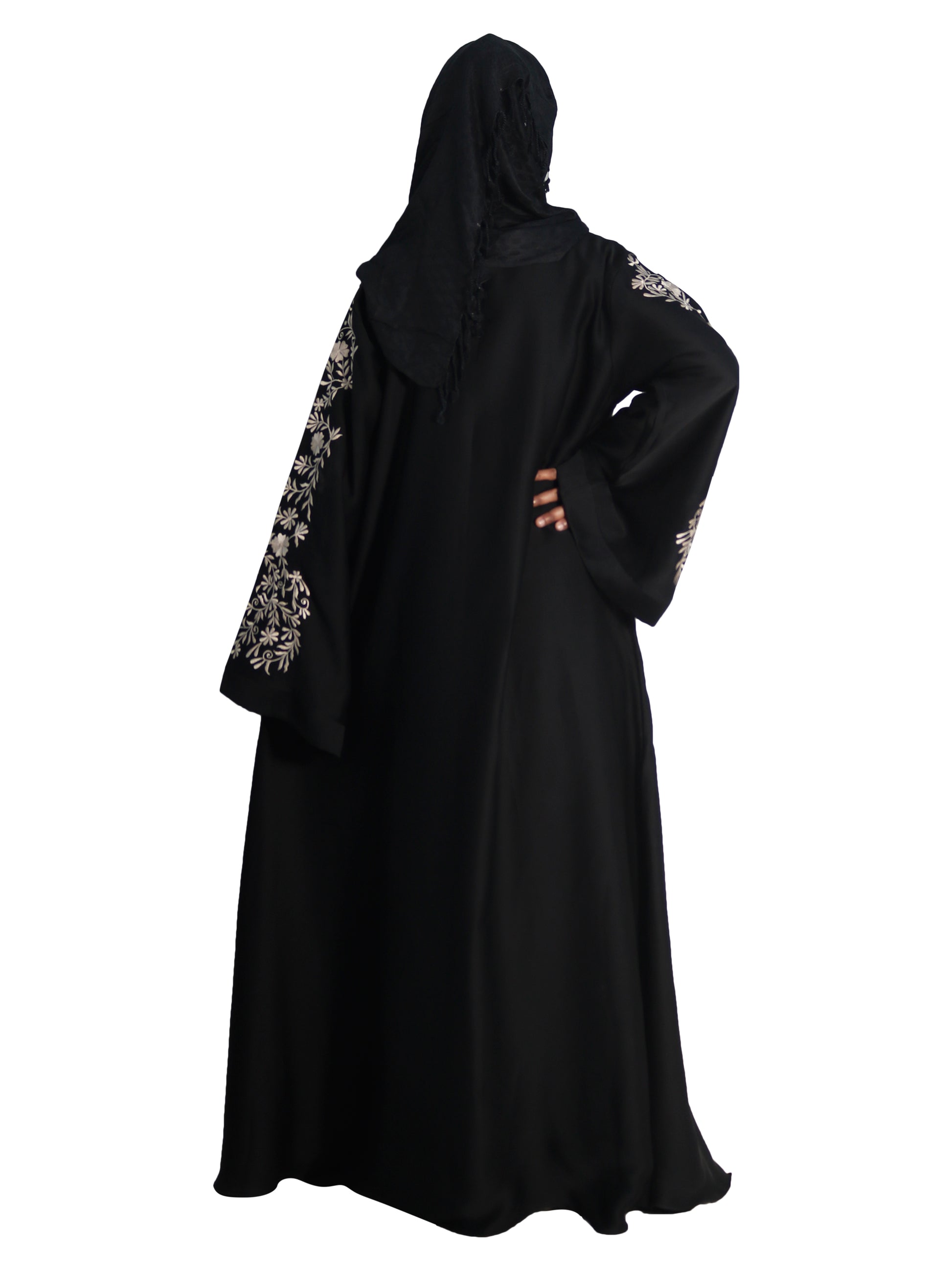 Beautiful Self Design Black Embroidered Art Silk Abaya With Hijab_0601
