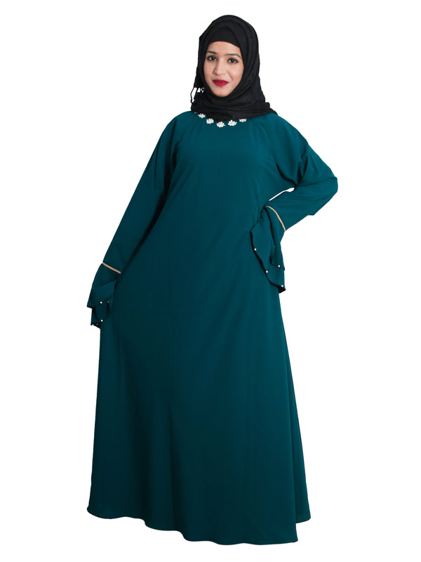 Beautiful Self Design Rama Green Frill Flower Crepe Abaya Without Hijab_0610