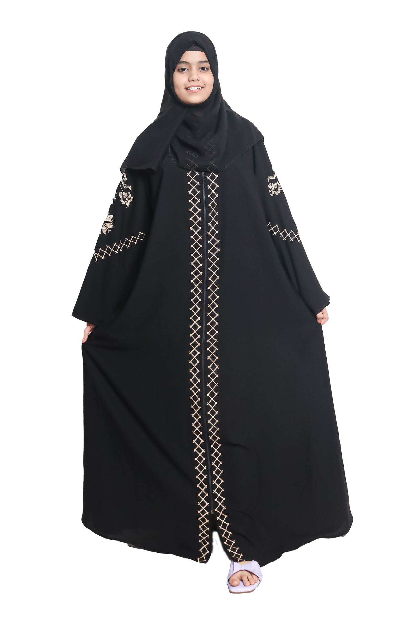 Modest City  Self Design Front Open Zip Embroidered Crepe Fabric Abaya or Burqa with Hijab for Women & Girls-Series Laiba