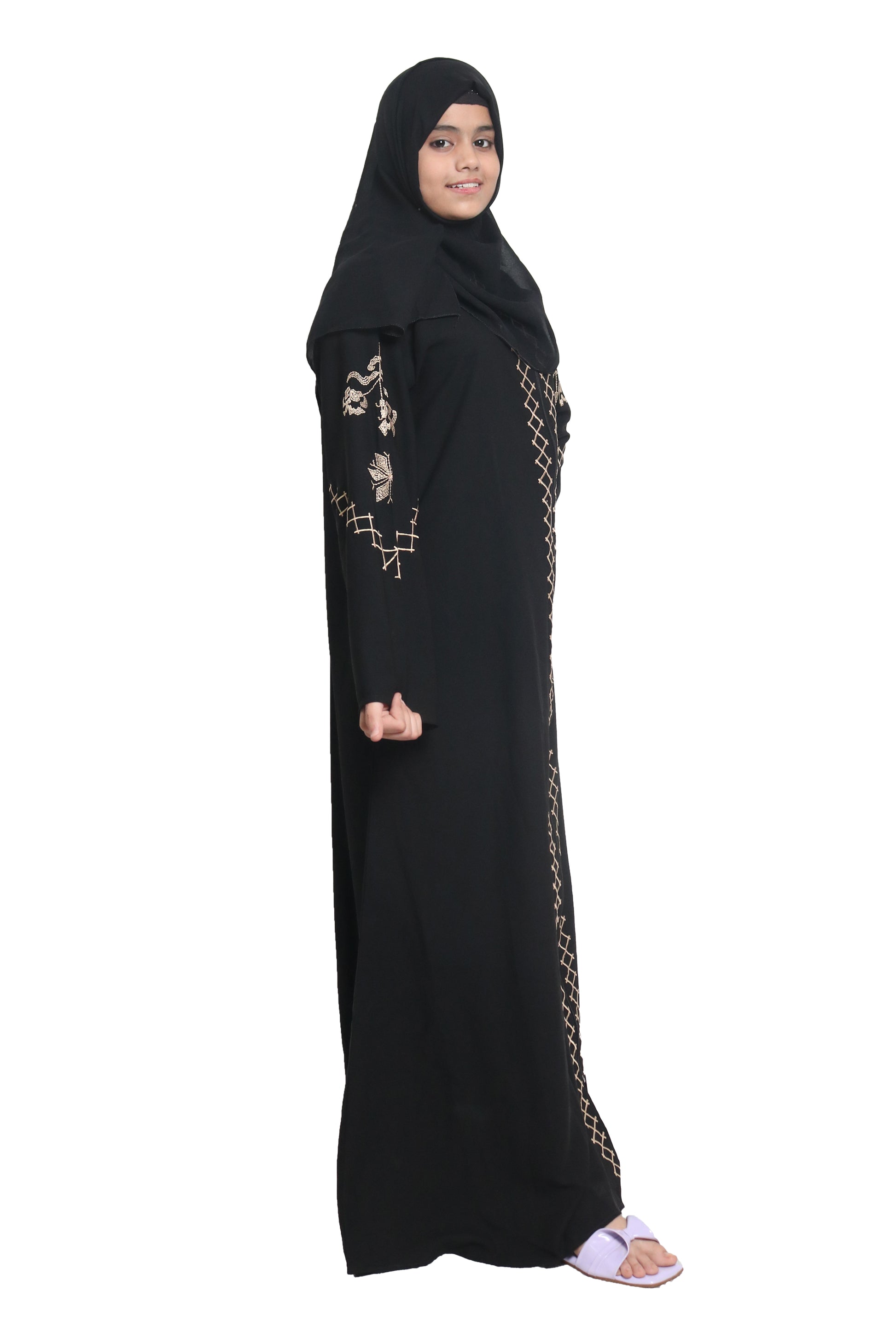 Modest City  Self Design Front Open Zip Embroidered Crepe Fabric Abaya or Burqa with Hijab for Women & Girls-Series Laiba