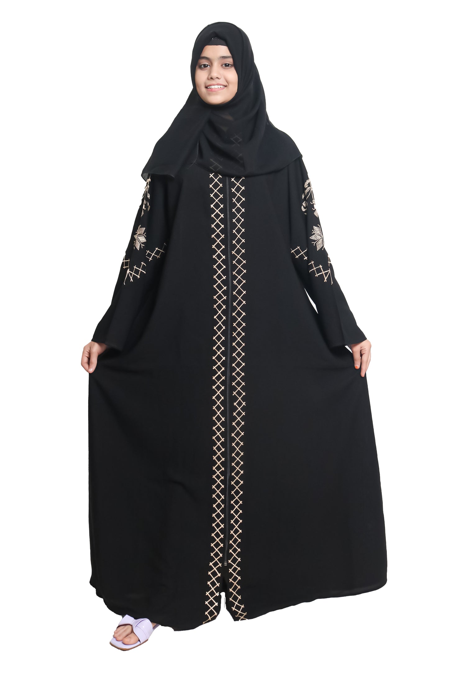 Modest City  Self Design Front Open Zip Embroidered Crepe Fabric Abaya or Burqa with Hijab for Women & Girls-Series Laiba