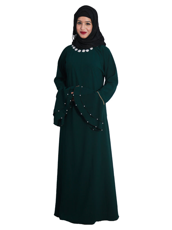Beautiful Self Design Bottle Green Frill Flower Crepe Abaya With Hijab_0611