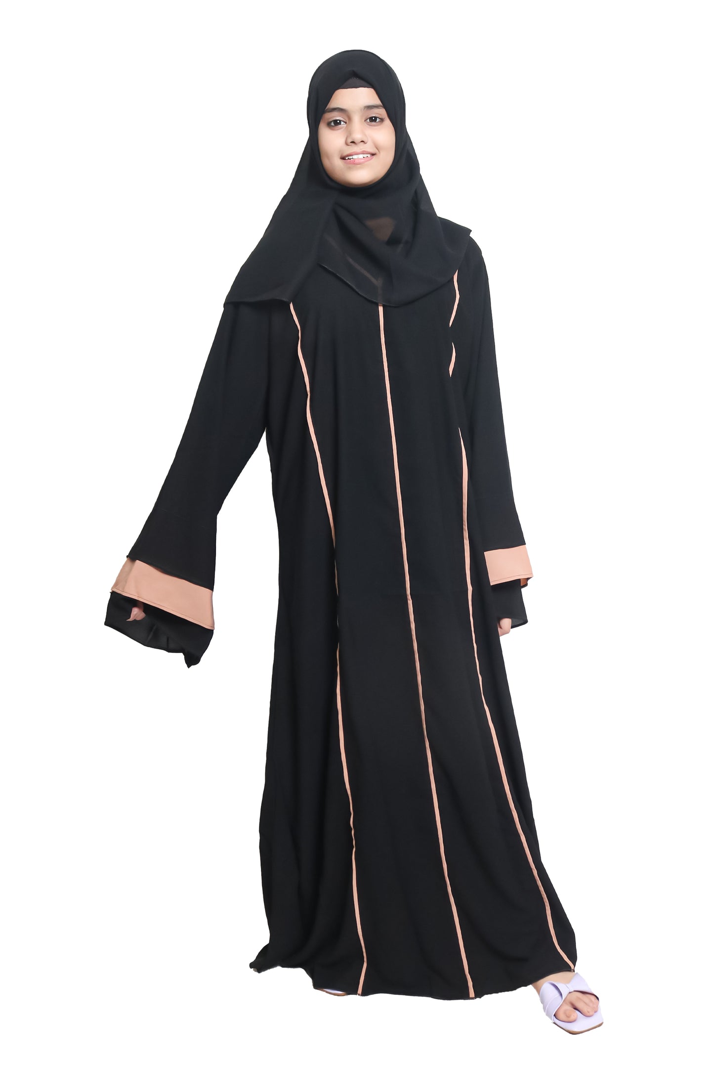 Modest City  Self Design Black Paralllel Stripes Crepe Abaya or Burqa with Hijab for Women & Girls-Series Laiba